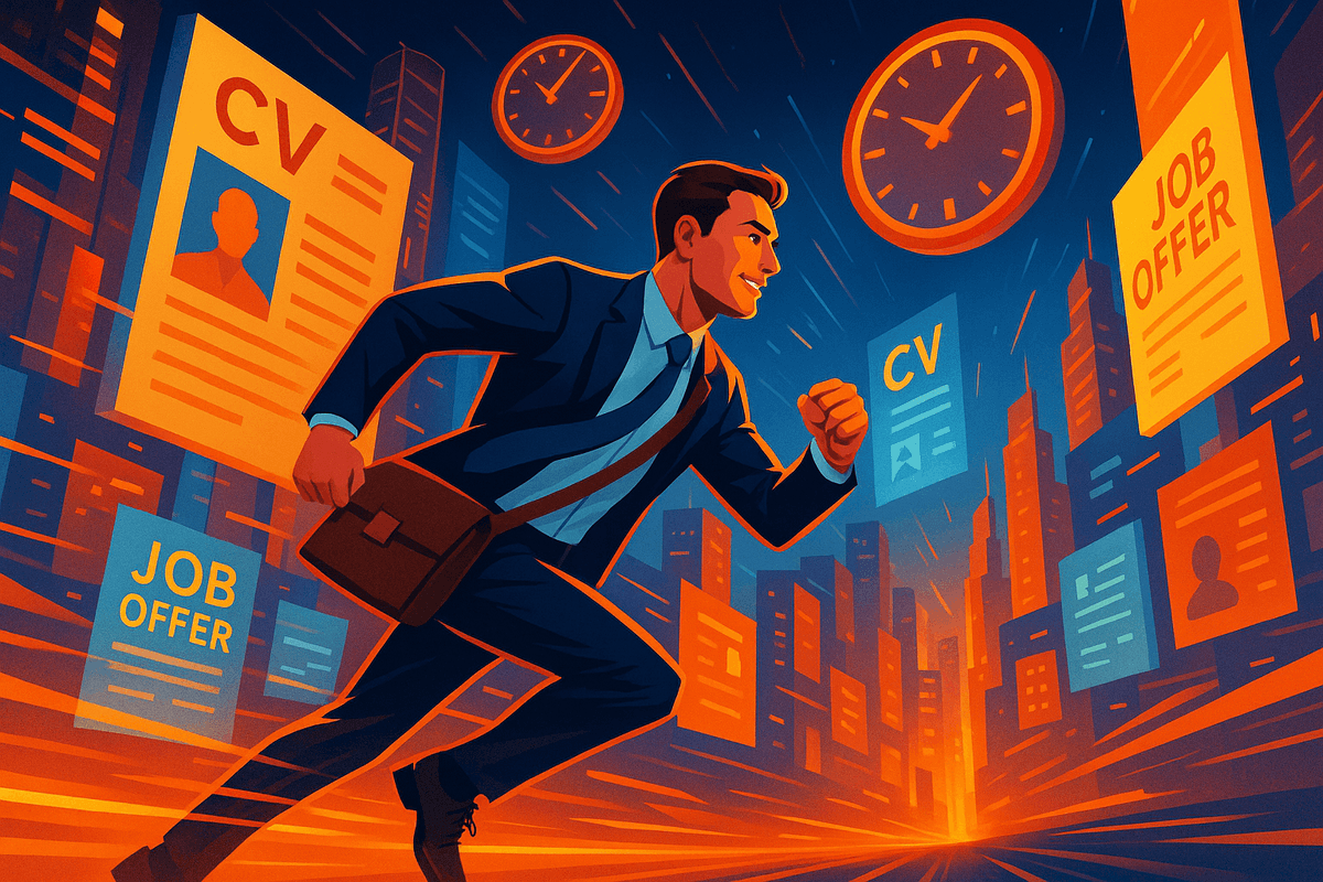 A recruiter racing through a digital city of CVs and job offers, symbolizing the fast pace of modern hiring