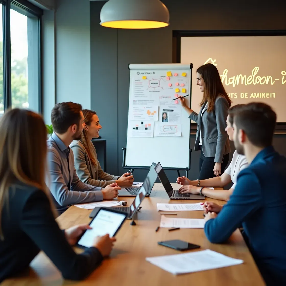 A team of recruitment professionals collaborating at a conference table, discussing future-proofing strategies with branding, GDPR, and service diversification notes on a whiteboard.
