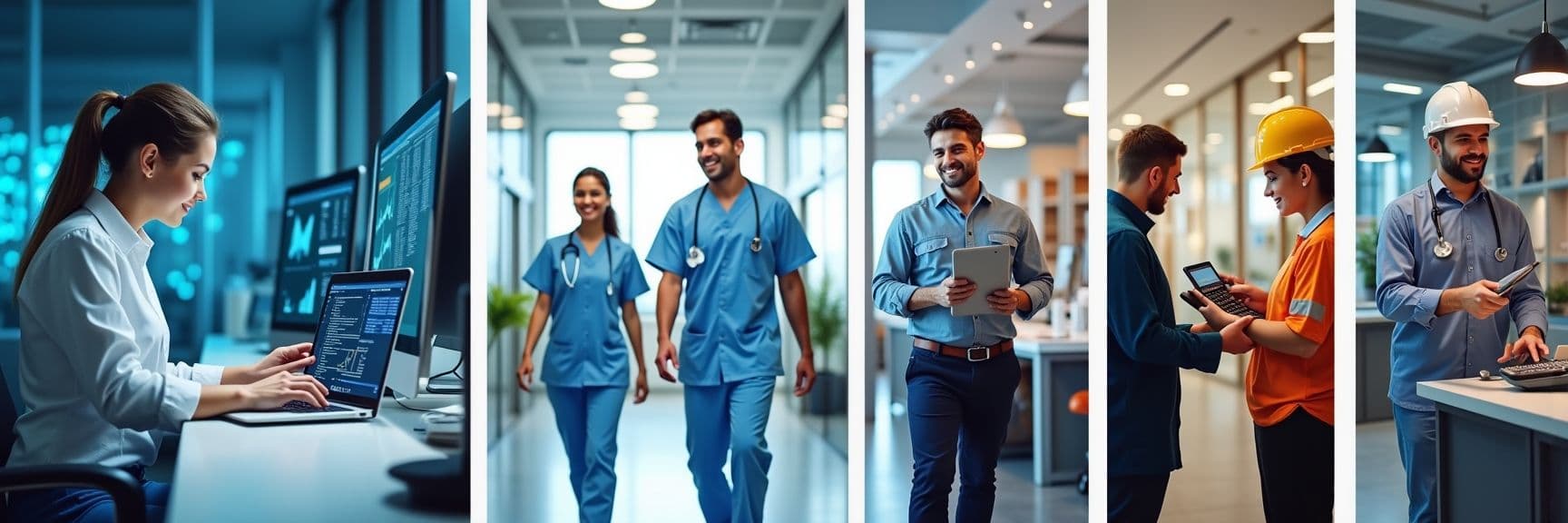 Banner showing tech, healthcare, finance, manufacturing, and retail professionals – top sectors for recruitment agencies