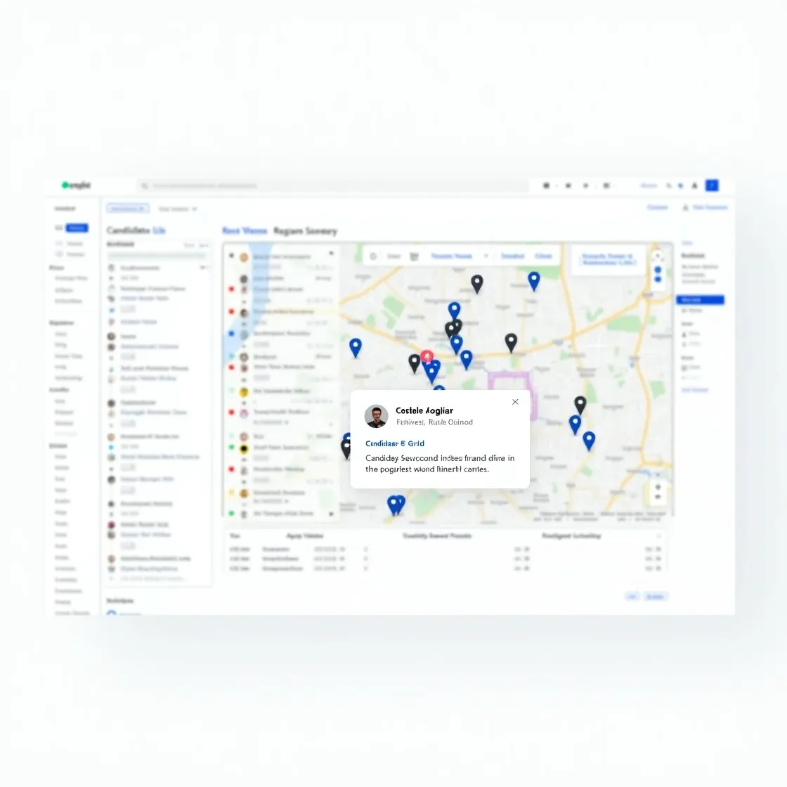 Chameleon-i interface showing a candidate map popup with Google Maps integration for viewing and estimating candidate travel times.