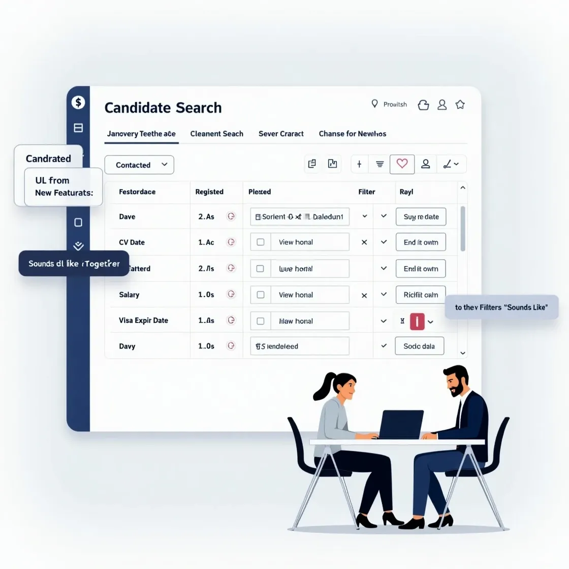 Chameleon-i’s candidate search grid showing new filters like Contacted Date, CV Upload Date, Registered Date, Salary Range, Visa Expiry Date, and a Sounds Like name match