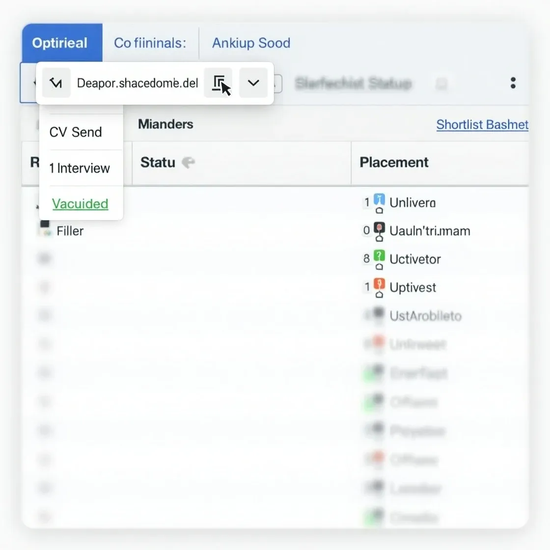 Chameleon-i vacancy grid showing the Shortlist Status column and search filter set to find vacancies at the "1st Interview" stage. Statuses are clearly labeled in-line, making it easy to track progress without opening each record.