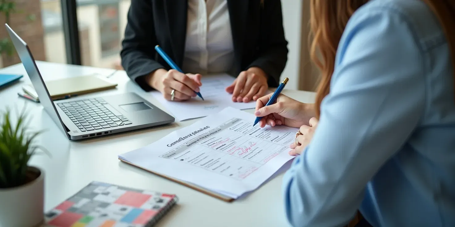 Education recruiter reviewing compliance documents for a school placement in a modern office setting.