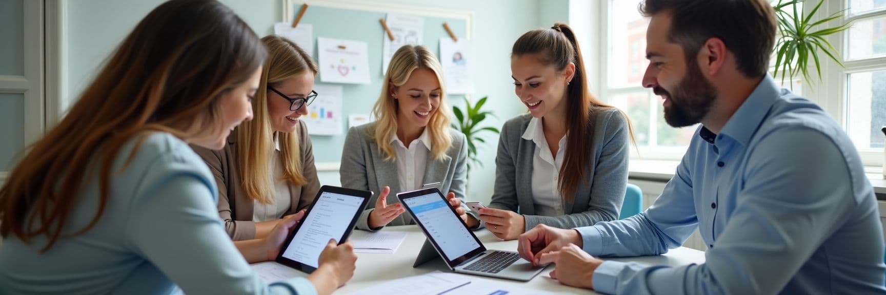 Education recruitment staff using Chameleon-i digital forms on tablets and laptops in a modern school setting.