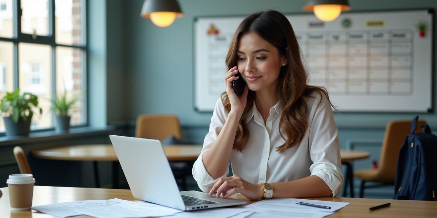 Education recruiter managing daily school staffing over the phone and computer in a busy office setting.