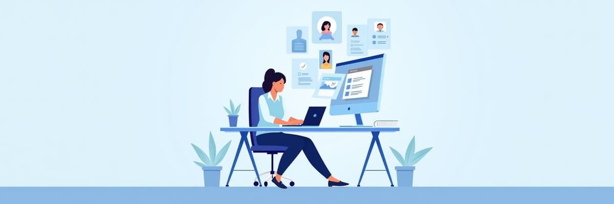 Illustration of a recruitment consultant using cloud-based recruitment software at a modern desk, with visible candidate profiles, job listings, and compliance tools in a tech-focused office.