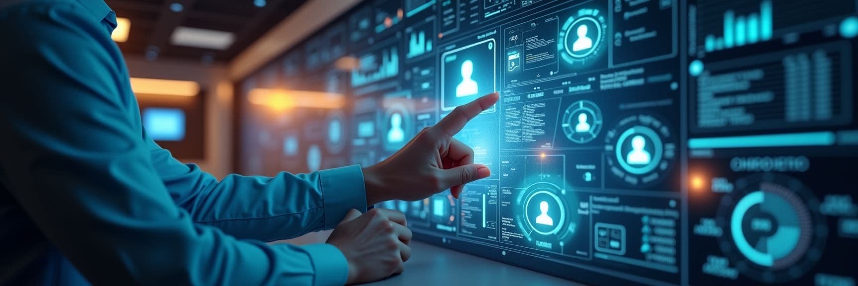 Futuristic recruitment software interface showing candidate profiles and real-time AI hiring analytics