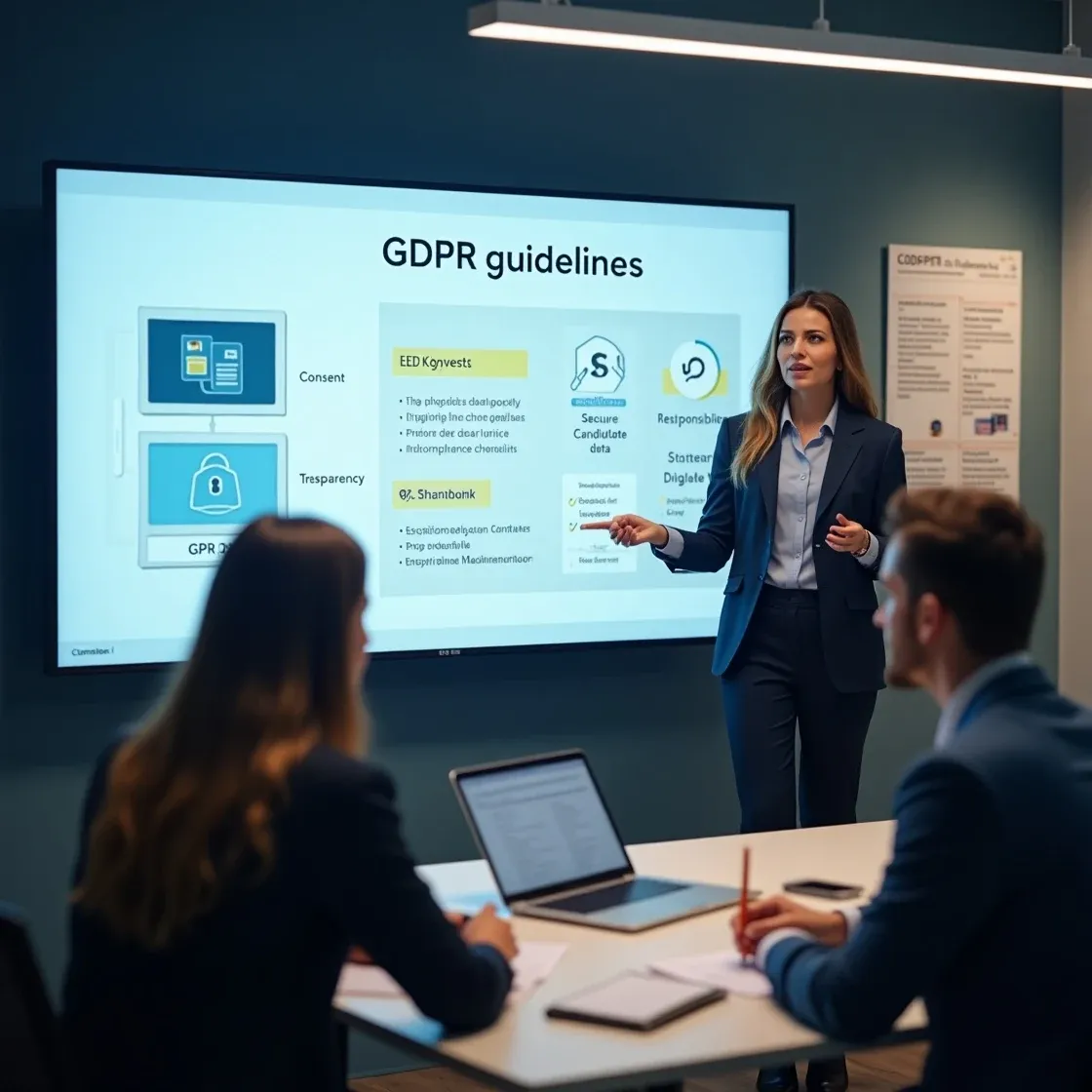 Highly realistic scene of recruiters reviewing GDPR compliance steps in an office, with Chameleon-i software and data protection visuals.