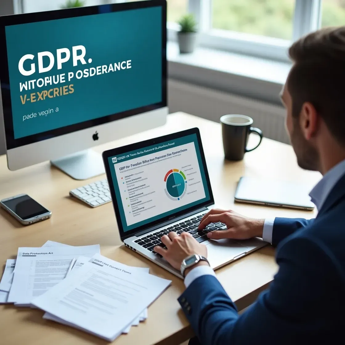 Recruiter reviewing a highly realistic GDPR checklist infographic and webinar replay in a compliance-focused office.