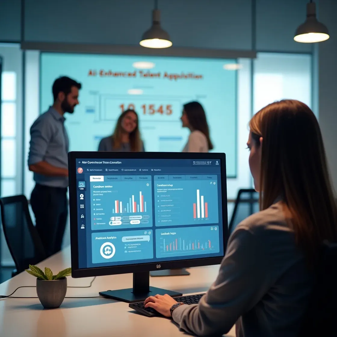 Recruiter using AI-powered recruitment software with tools like resume parsing, chatbots, and predictive analytics.