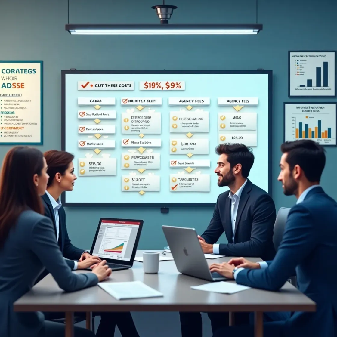 Recruiters reviewing hiring expenses and using software to cut unnecessary recruitment costs.