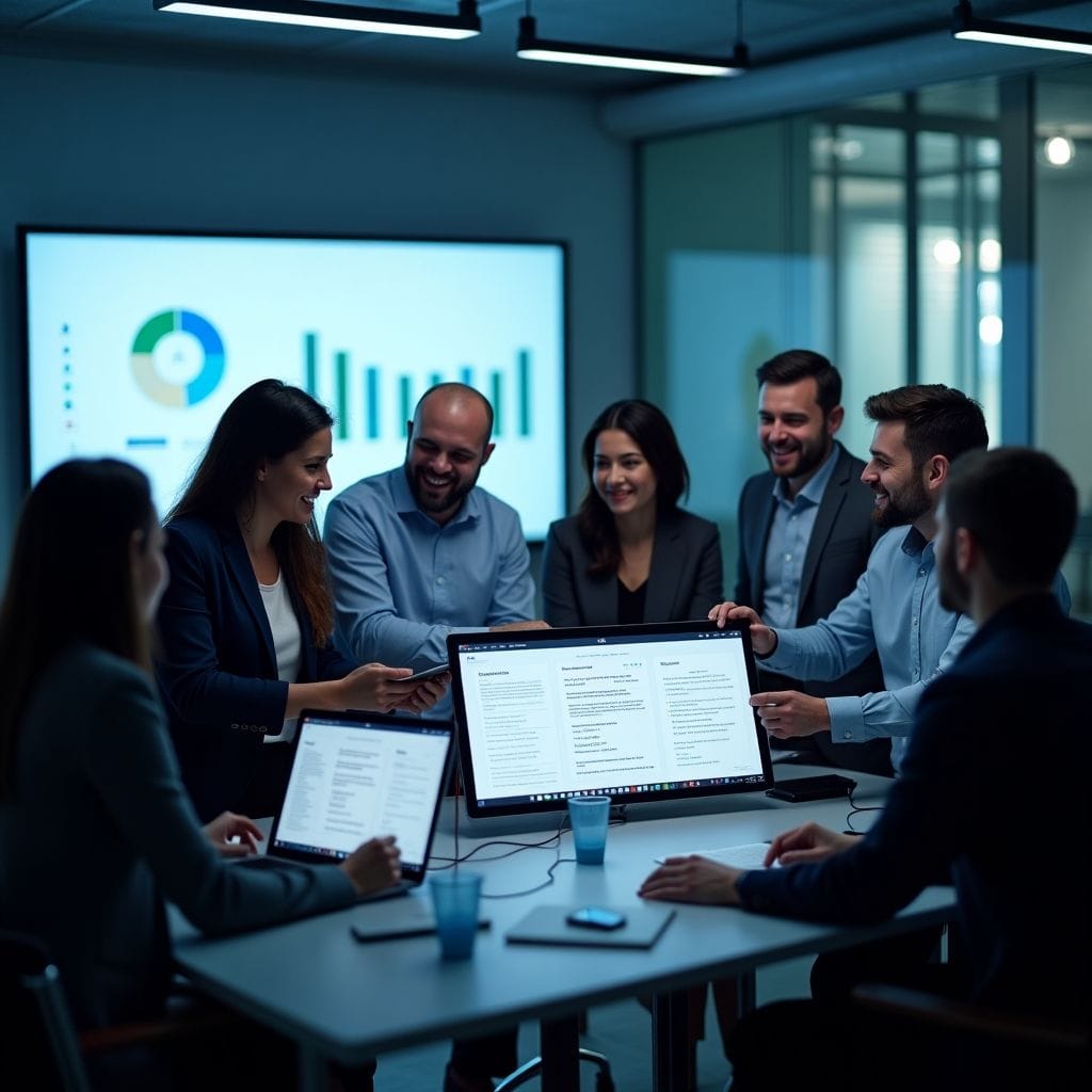 Recruitment team collaborating on hiring strategies with data insights – Chameleoni platform in use during a planning session.